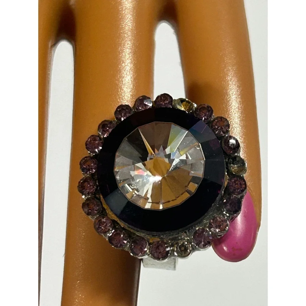 Vintage Y2K Glam Purple Rhinestone Cocktail Ring Adjustable Silver Tone Goth‎